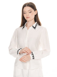 WOMEN'S LONG SLEEVE BUTTON UP EMBROIDERY TRIM DETAILED BLOUSE
