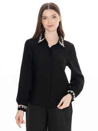 WOMEN'S LONG SLEEVE BUTTON UP EMBROIDERY TRIM DETAILED BLOUSE