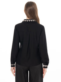 WOMEN'S LONG SLEEVE BUTTON UP EMBROIDERY TRIM DETAILED BLOUSE