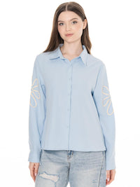 WOMEN'S LONG SLEEVE BUTTON UP EMBROIDERY DETAILED BLOUSE