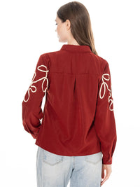 WOMEN'S LONG SLEEVE BUTTON UP EMBROIDERY DETAILED BLOUSE