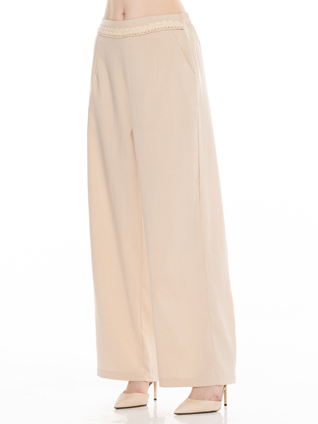 WOMEN'S ELASTIC DETAILED WAIST FRONT POCKETS WIDE LEG PANTS