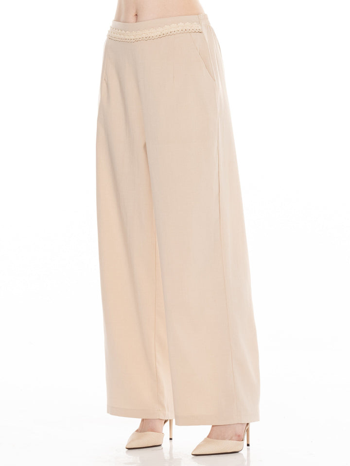 WOMEN'S ELASTIC DETAILED WAIST FRONT POCKETS WIDE LEG PANTS
