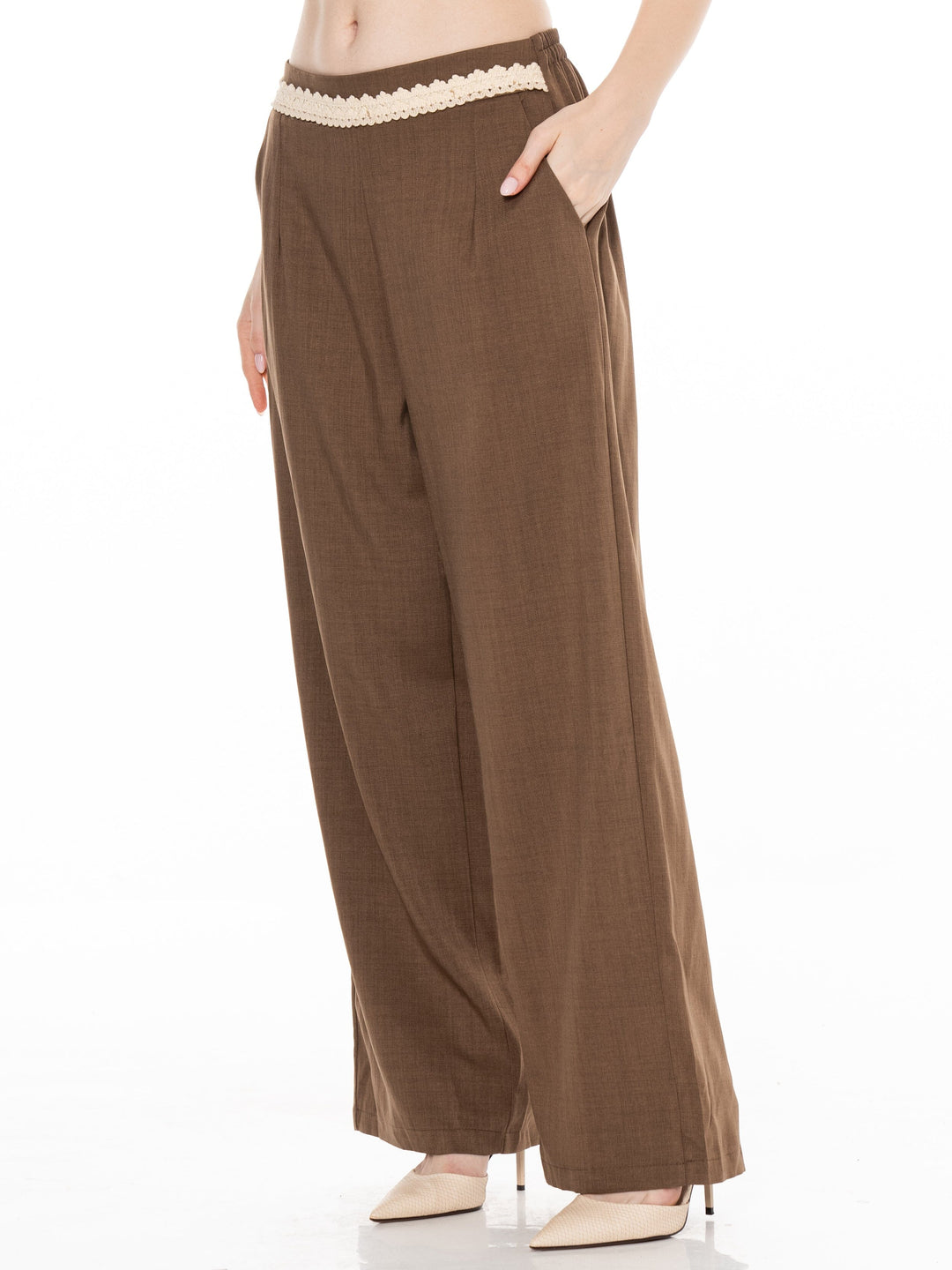********PLUS SIZE ELASTIC DETAILED WAIST FRONT POCKETS WIDE LEG PANTS