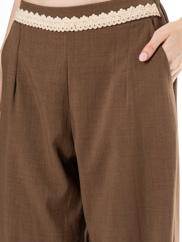 WOMEN'S ELASTIC DETAILED WAIST FRONT POCKETS WIDE LEG PANTS