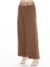 *******PLUS SIZE BUTTON CLOSURE ELASTIC EMBROIDERY WAIST FRONT POCKETS WIDE LEG PANTS