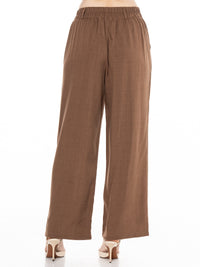 WOMEN'S BUTTON CLOSURE ELASTIC EMBROIDERY WAIST FRONT POCKETS WIDE LEG PANTS