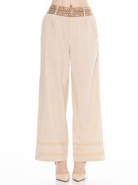 *******PLUS SIZE BUTTON CLOSURE ELASTIC EMBROIDERY WAIST FRONT POCKETS WIDE LEG PANTS
