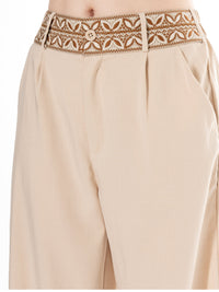 WOMEN'S BUTTON CLOSURE ELASTIC EMBROIDERY WAIST FRONT POCKETS WIDE LEG PANTS