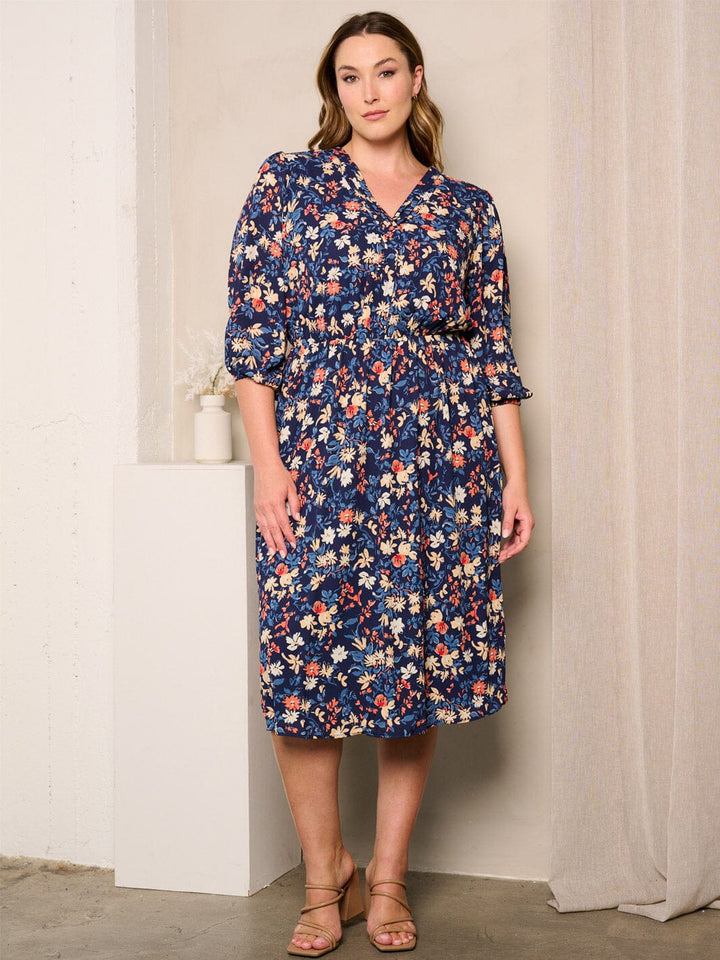 PLUS SIZE 3/4 SLEEVES V-NECK ELASTIC WAIST FLORAL MIDI DRESS