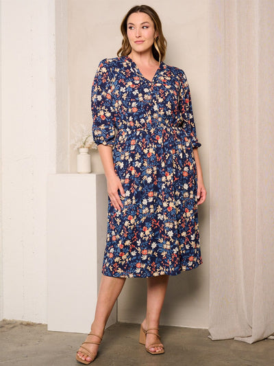 PLUS SIZE 3/4 SLEEVES V-NECK ELASTIC WAIST FLORAL MIDI DRESS