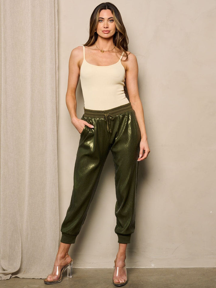 WOMEN'S ELASTIC WAIST POCKETS SEQUINS JOGGER PANTS