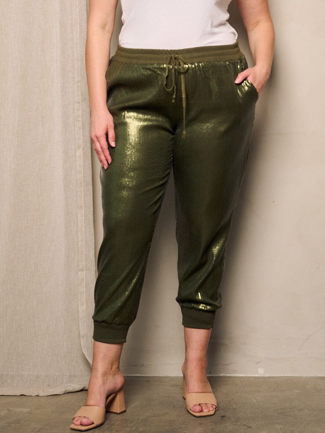 PLUS SIZE ELASTIC WAIST POCKETS SEQUINS JOGGER PANTS