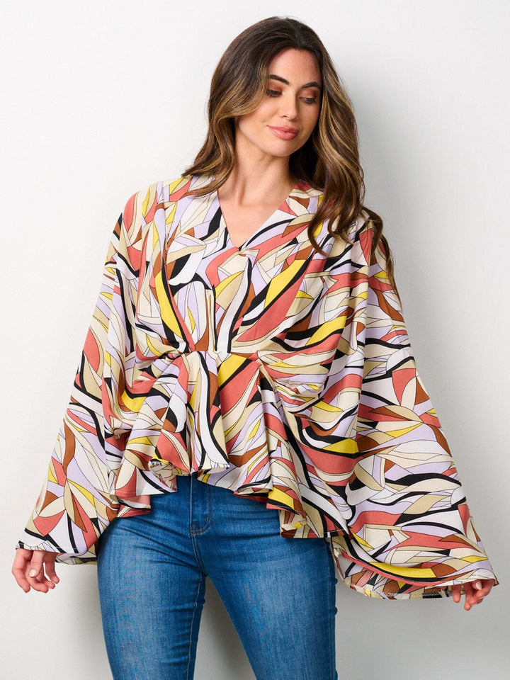 WOMEN'S LONG BELL SLEEVE V-NECK TUNIC MULTI PRINT BLOUSE TOP