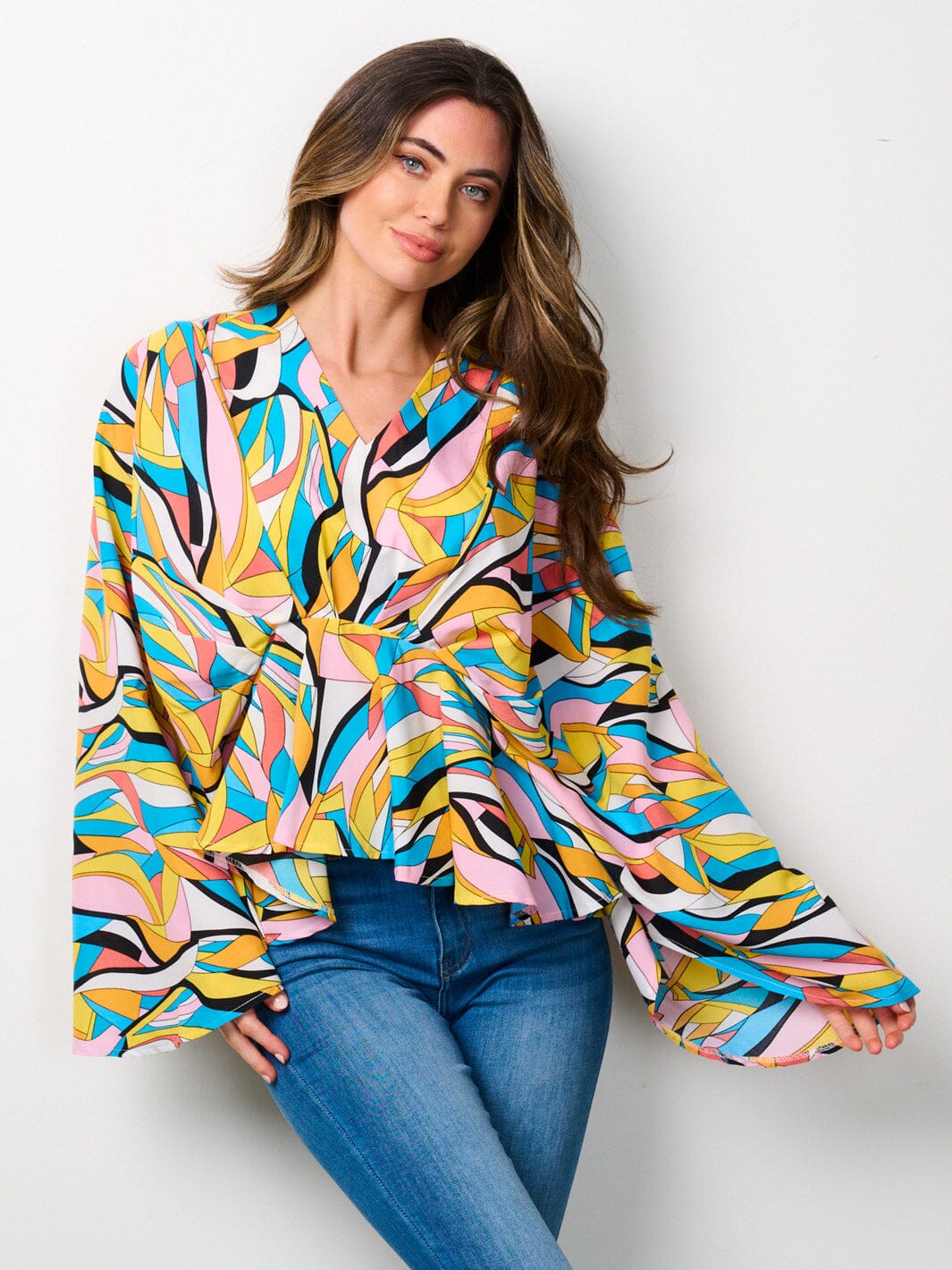 WOMEN'S LONG BELL SLEEVE V-NECK TUNIC MULTI PRINT BLOUSE TOP
