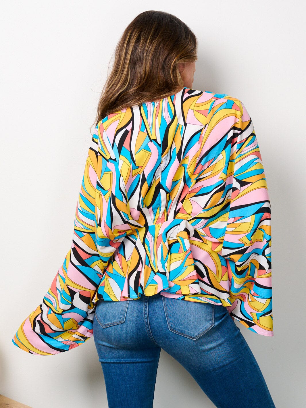 WOMEN'S LONG BELL SLEEVE V-NECK TUNIC MULTI PRINT BLOUSE TOP