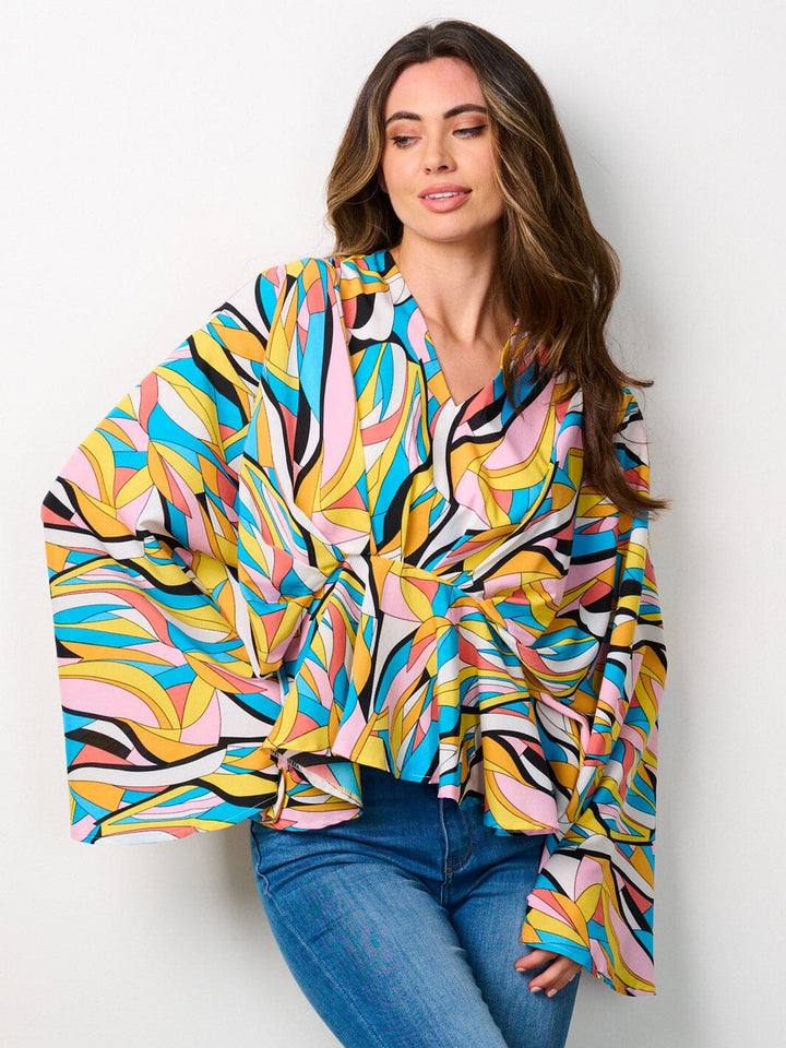 WOMEN'S LONG BELL SLEEVE V-NECK TUNIC MULTI PRINT BLOUSE TOP