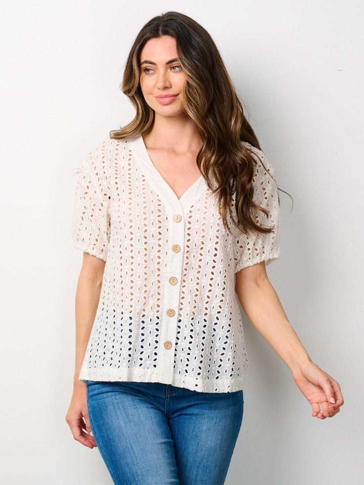WOMEN'S SHORT PUFF SLEEVE BUTTON UP EYELET DETAILED BLOUSE TOP
