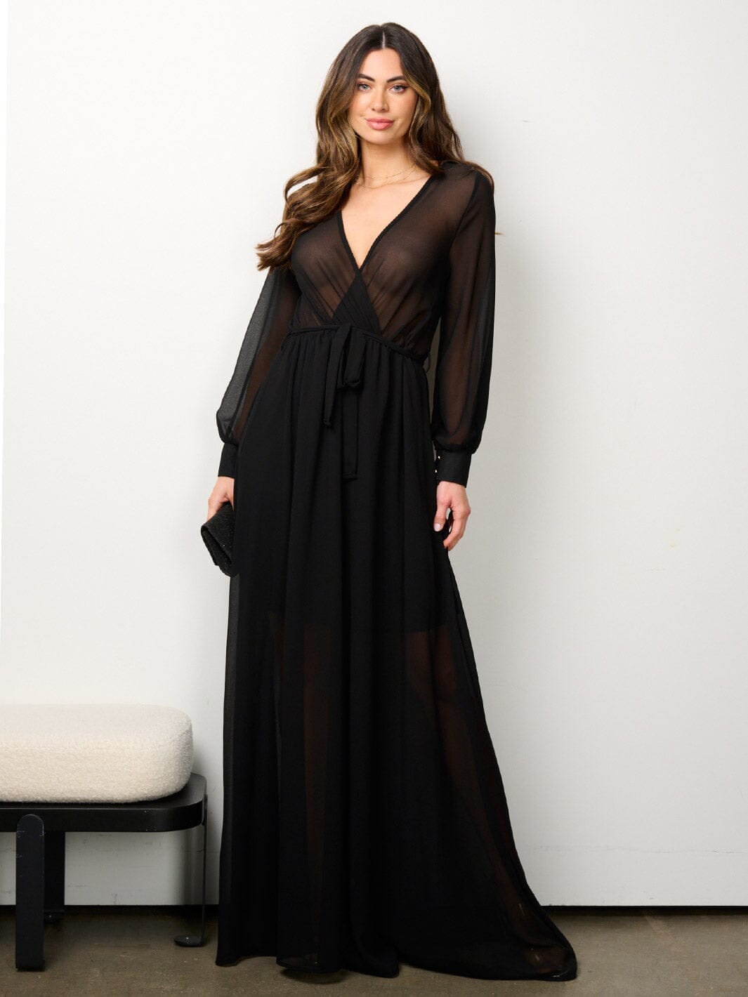 WOMEN'S LONG SLEEVE ELASTIC WAIST SURPLICE MESH MAXI DRESS
