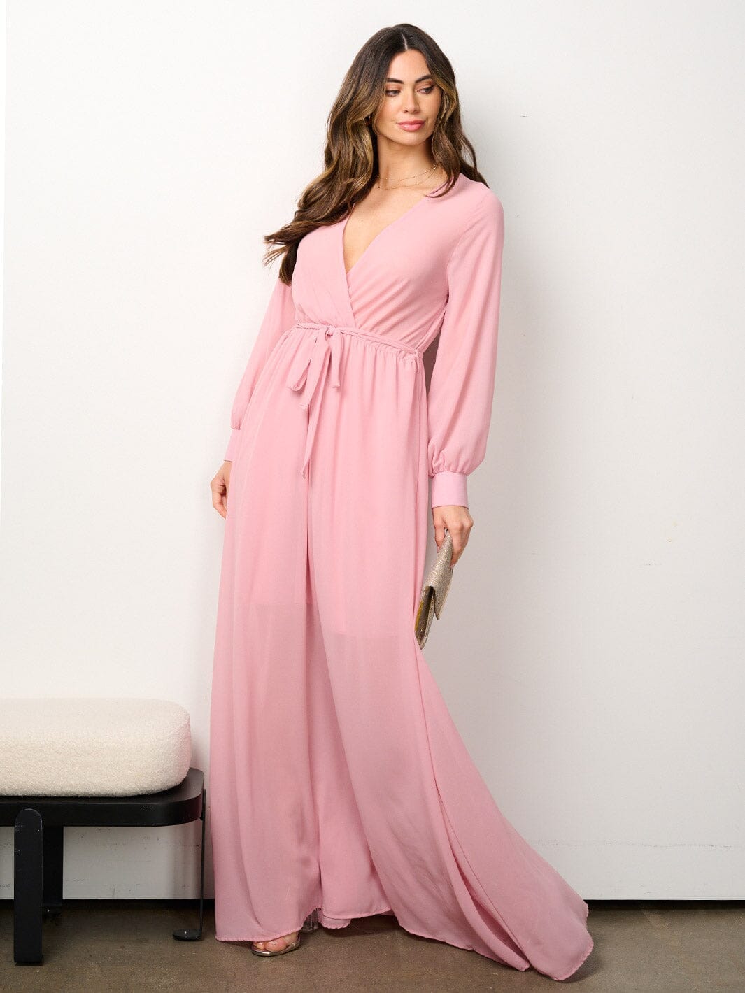 WOMEN'S LONG SLEEVE ELASTIC WAIST SURPLICE MESH MAXI DRESS
