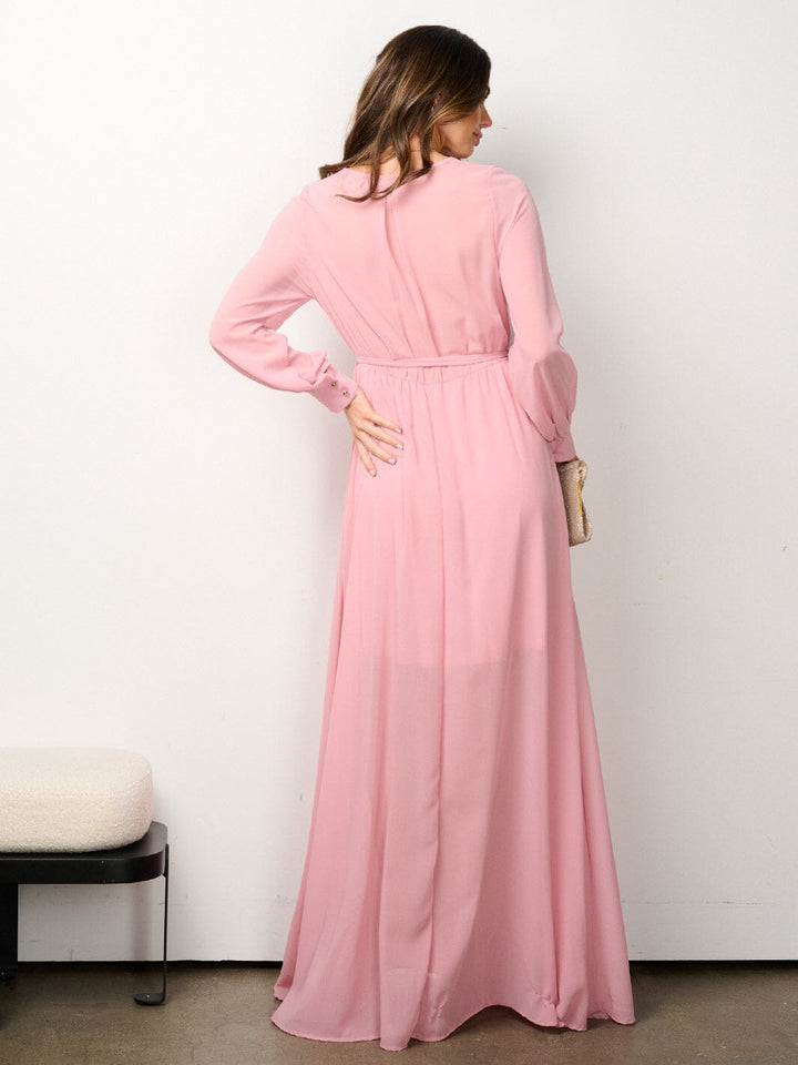 WOMEN'S LONG SLEEVE ELASTIC WAIST SURPLICE MESH MAXI DRESS