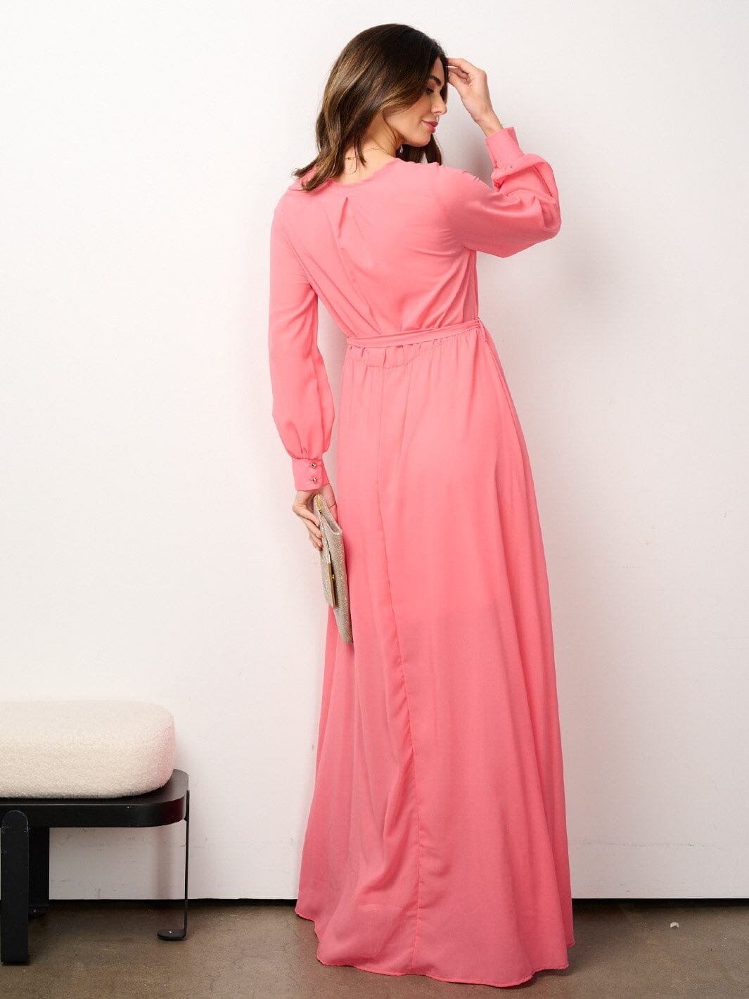 WOMEN'S LONG SLEEVE ELASTIC WAIST SURPLICE MESH MAXI DRESS