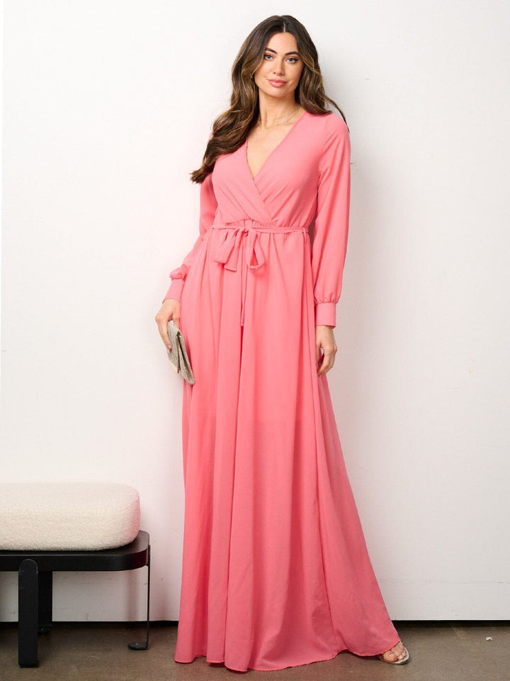 WOMEN'S LONG SLEEVE ELASTIC WAIST SURPLICE MESH MAXI DRESS