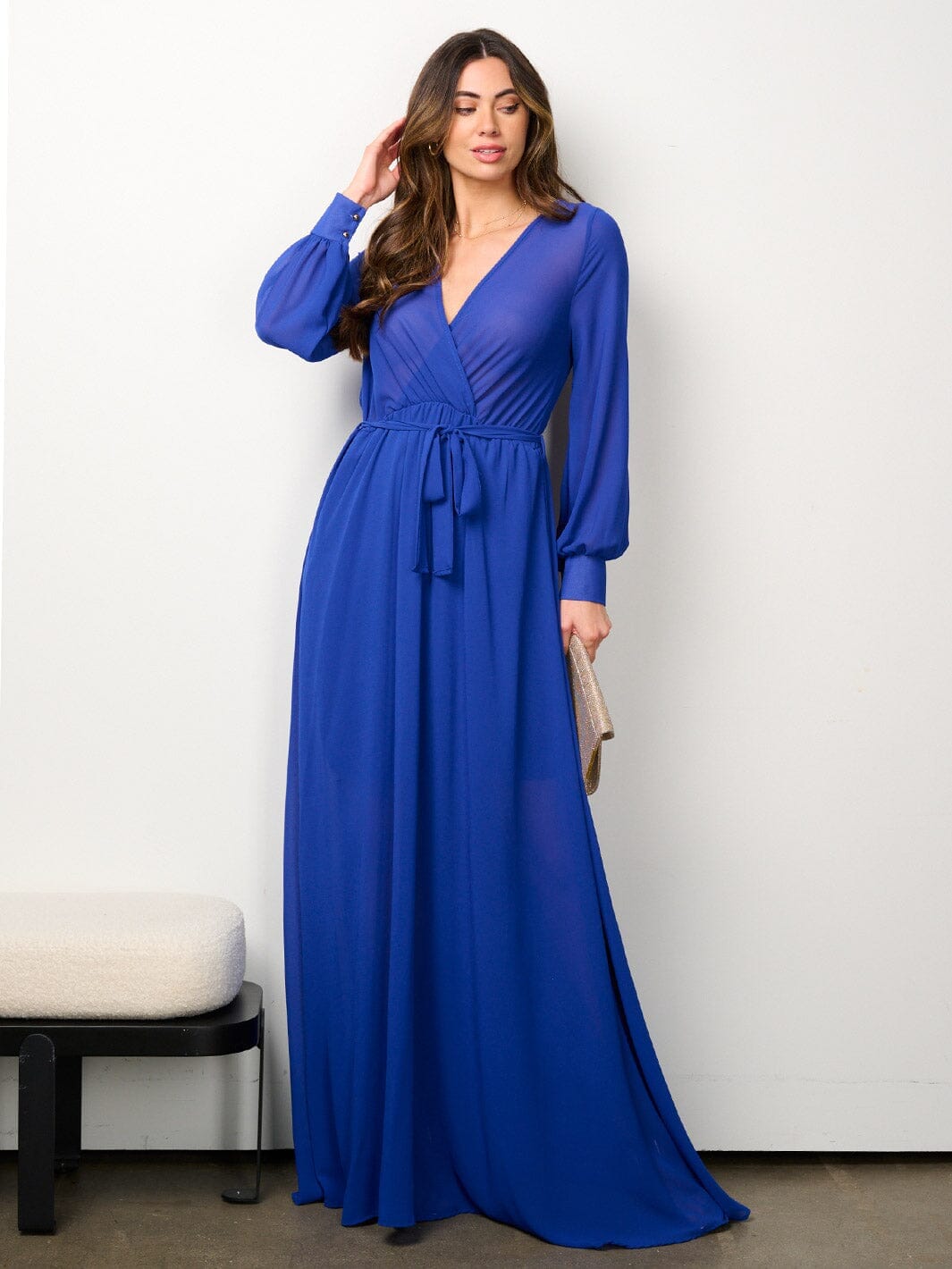 WOMEN'S LONG SLEEVE ELASTIC WAIST SURPLICE MESH MAXI DRESS