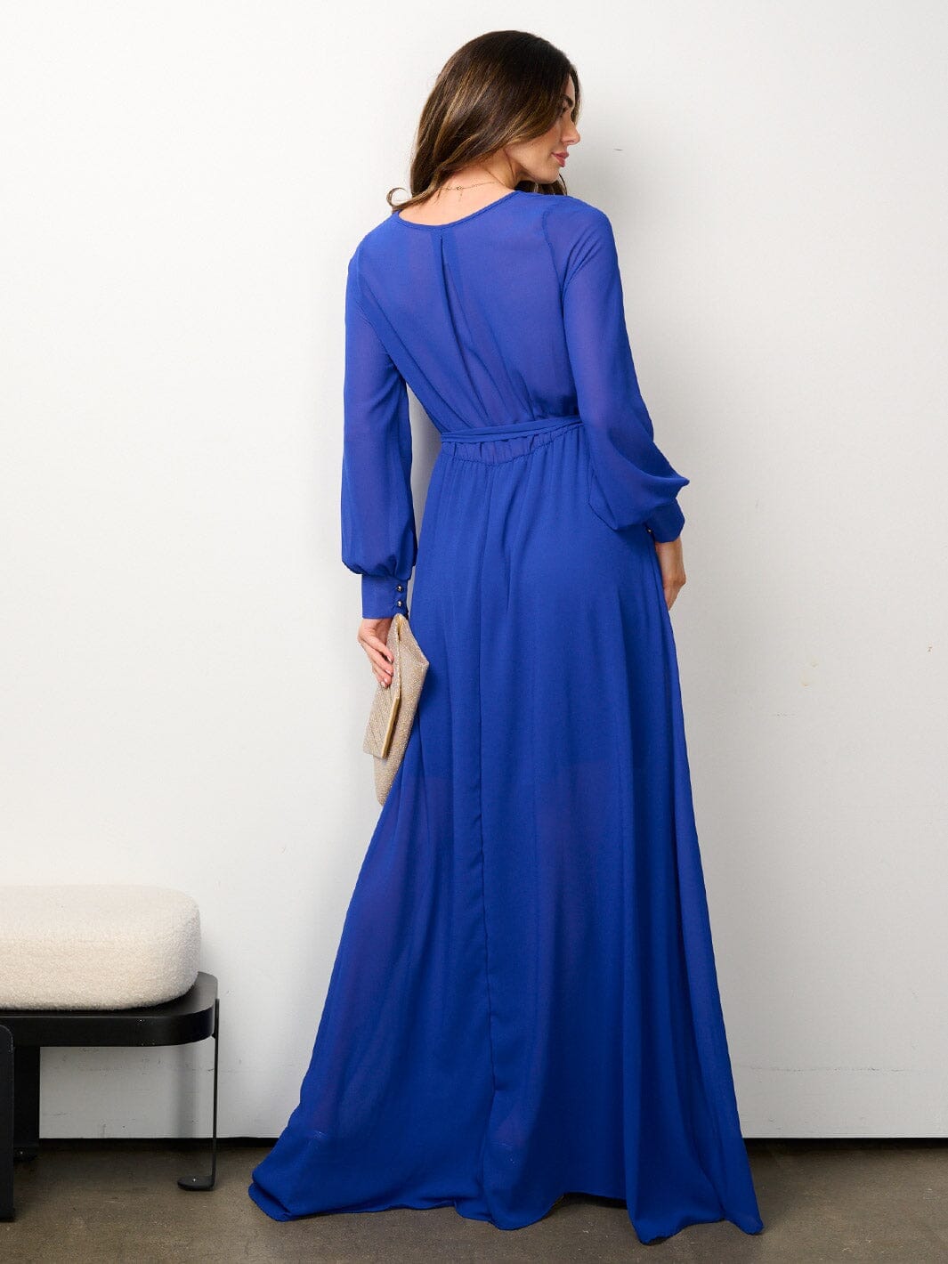 WOMEN'S LONG SLEEVE ELASTIC WAIST SURPLICE MESH MAXI DRESS