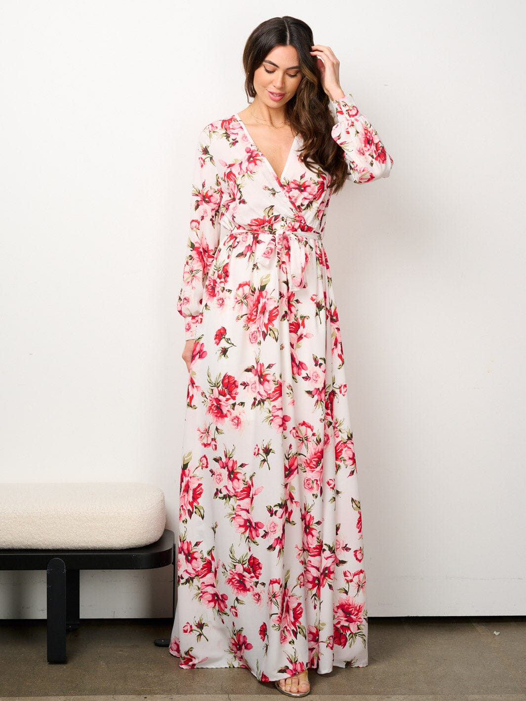 WOMEN'S LONG SLEEVE ELASTIC WAIST SURPLICE FLORAL MAXI DRESS