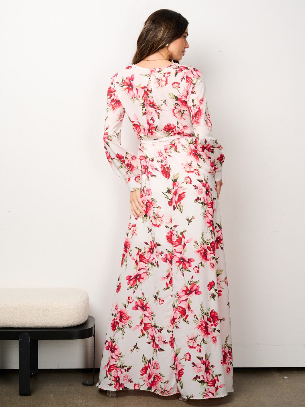 WOMEN'S LONG SLEEVE ELASTIC WAIST SURPLICE FLORAL MAXI DRESS