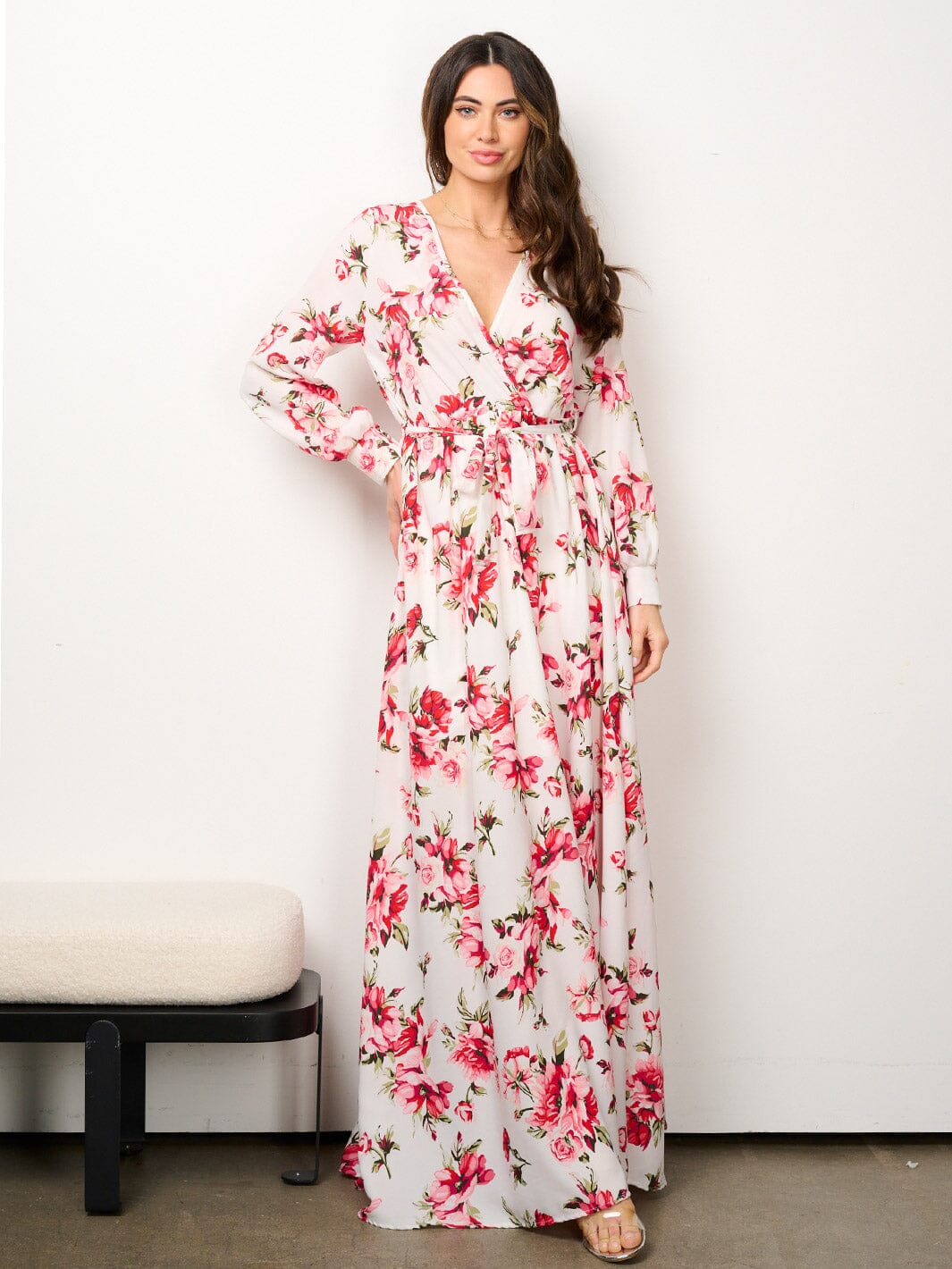 WOMEN'S LONG SLEEVE ELASTIC WAIST SURPLICE FLORAL MAXI DRESS