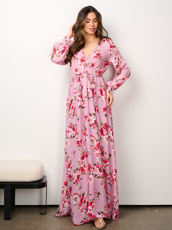 WOMEN'S LONG SLEEVE ELASTIC WAIST SURPLICE FLORAL MAXI DRESS