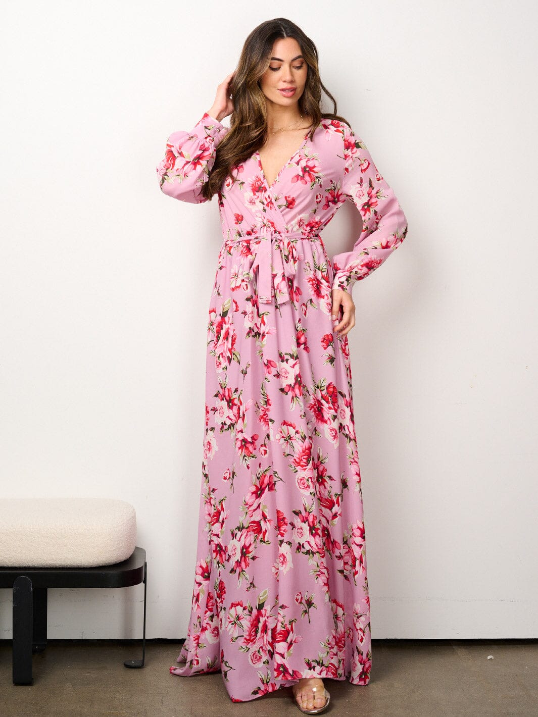 WOMEN'S LONG SLEEVE ELASTIC WAIST SURPLICE FLORAL MAXI DRESS