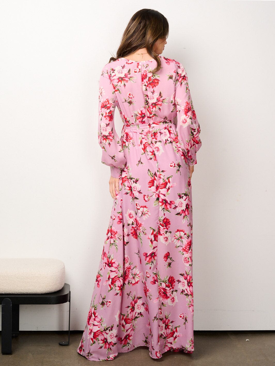 WOMEN'S LONG SLEEVE ELASTIC WAIST SURPLICE FLORAL MAXI DRESS