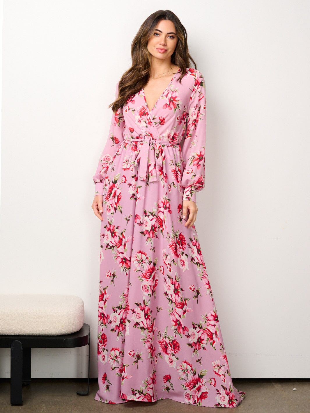 WOMEN'S LONG SLEEVE ELASTIC WAIST SURPLICE FLORAL MAXI DRESS