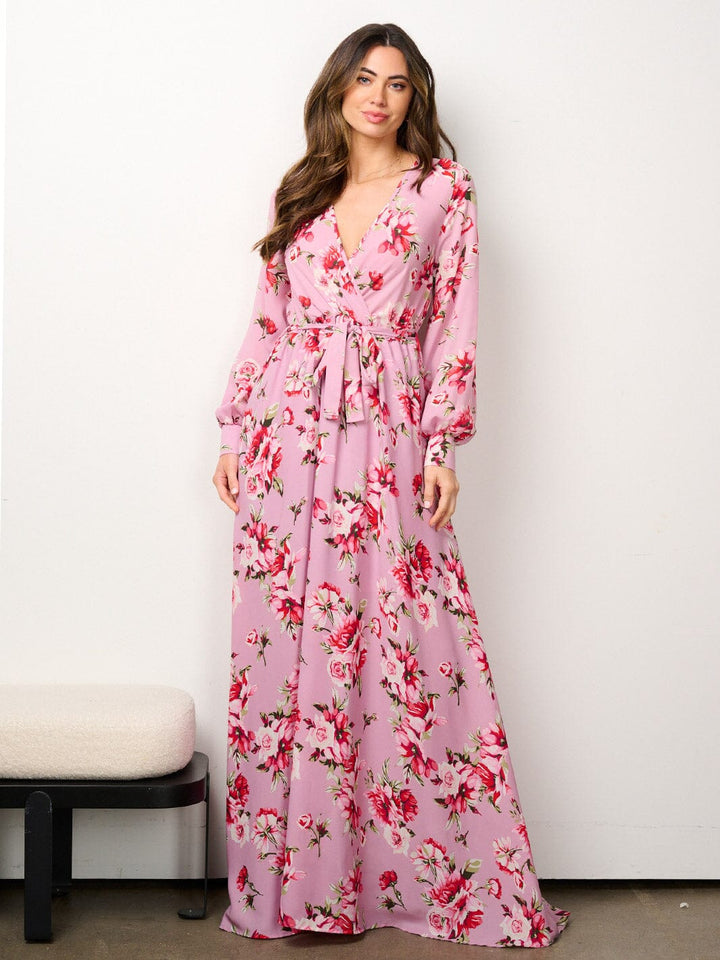 WOMEN'S LONG SLEEVE ELASTIC WAIST SURPLICE FLORAL MAXI DRESS