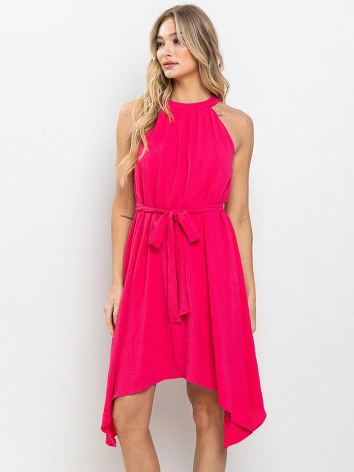 WOMEN'S SLEEVELESS HALTER NECK SELF TIE HIGH-LOW MINI DRESS