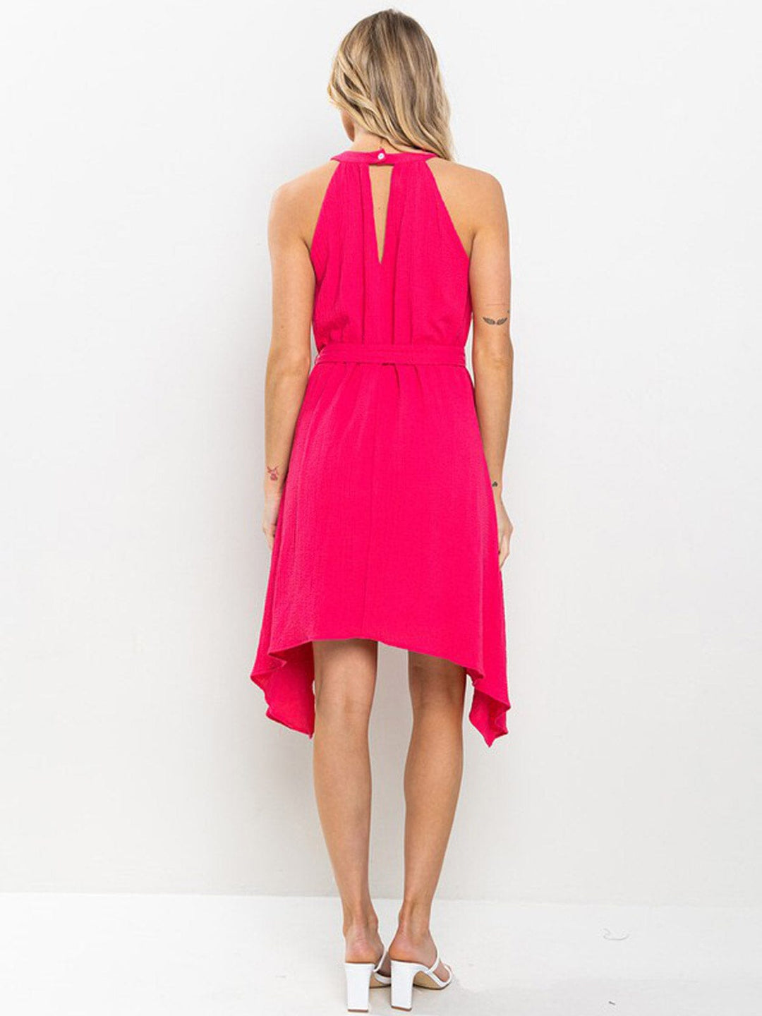 WOMEN'S SLEEVELESS HALTER NECK SELF TIE HIGH-LOW MINI DRESS
