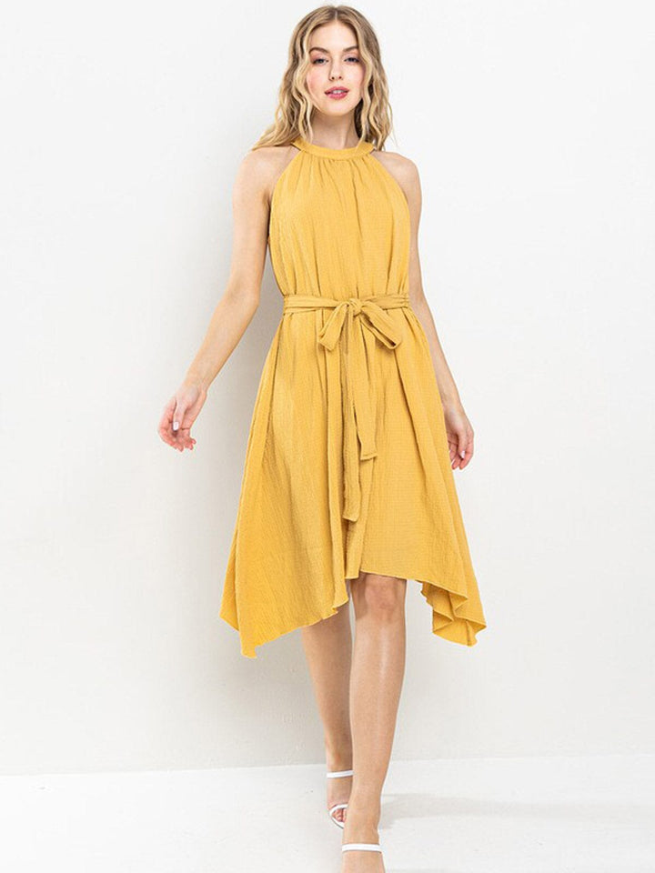 WOMEN'S SLEEVELESS HALTER NECK SELF TIE HIGH-LOW MINI DRESS