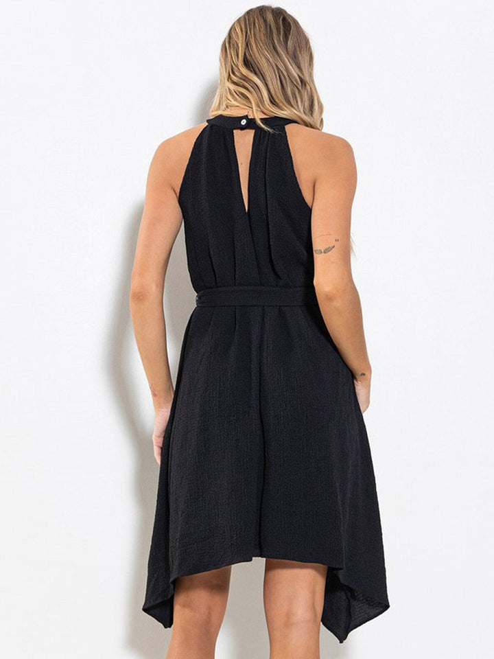 WOMEN'S SLEEVELESS HALTER NECK SELF TIE HIGH-LOW MINI DRESS