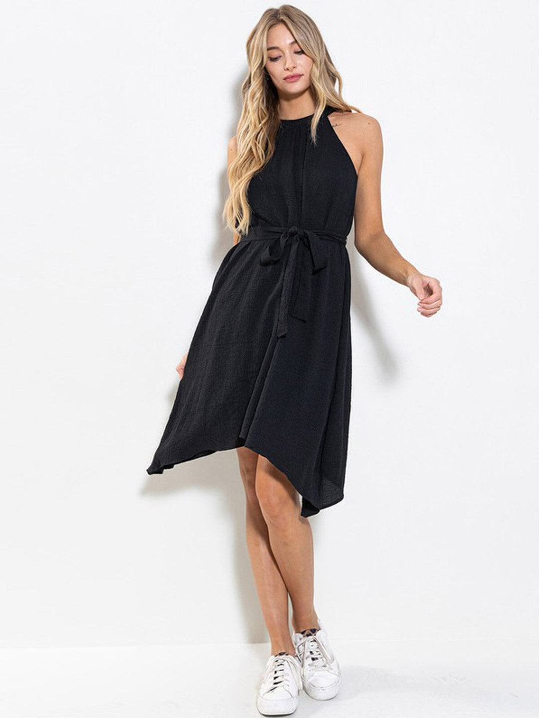 WOMEN'S SLEEVELESS HALTER NECK SELF TIE HIGH-LOW MINI DRESS