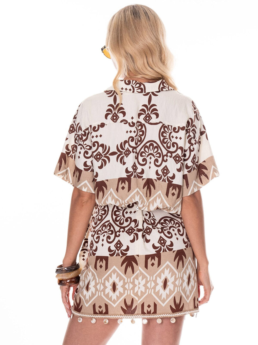WOMEN'S SHORT SLEEVE BUTTON UP MULTI PRINT BLOUSE