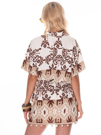 WOMEN'S SHORT SLEEVE BUTTON UP MULTI PRINT BLOUSE