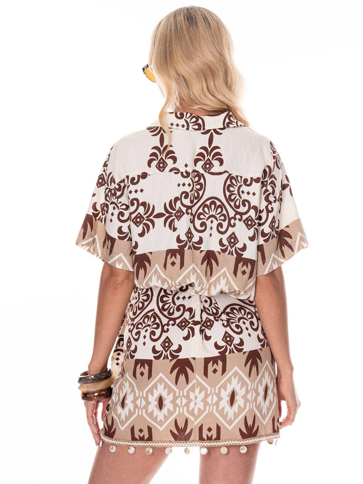 WOMEN'S SHORT SLEEVE BUTTON UP MULTI PRINT BLOUSE