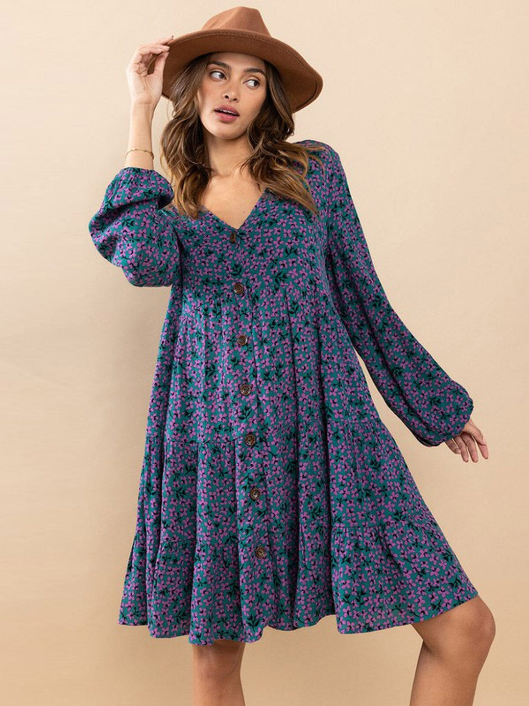 WOMEN'S LONG SLEEVE V-NECK BUTTON UP TIERED TUNIC FLORAL PRINT MINI DRESS
