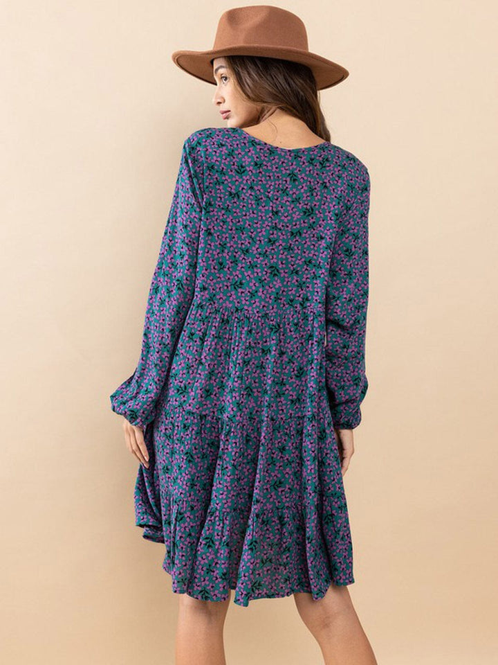 WOMEN'S LONG SLEEVE V-NECK BUTTON UP TIERED TUNIC FLORAL PRINT MINI DRESS