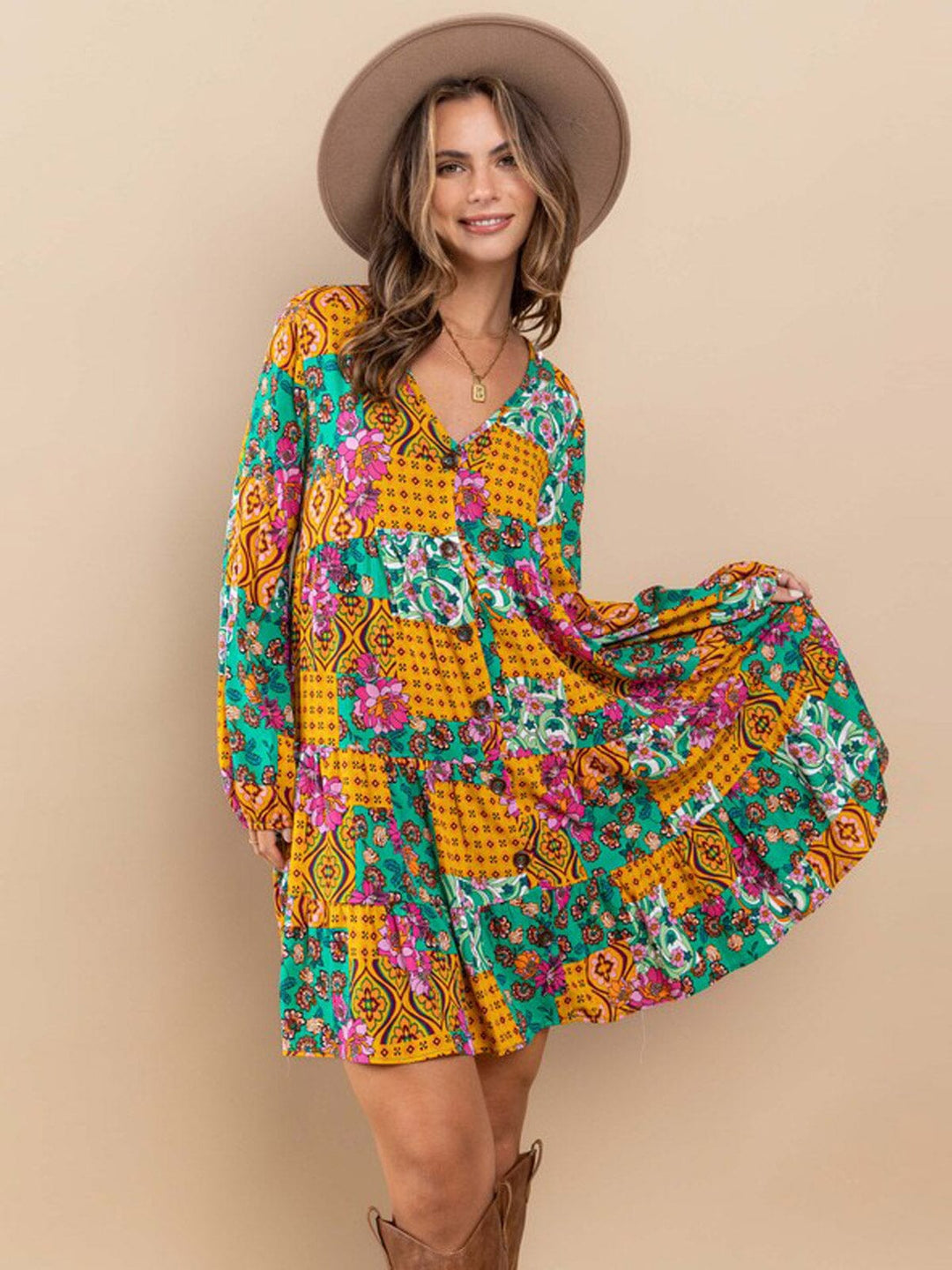 WOMEN'S LONG SLEEVE BUTTON UP V-NECK POCKETS MULTI PRINT MINI DRESS