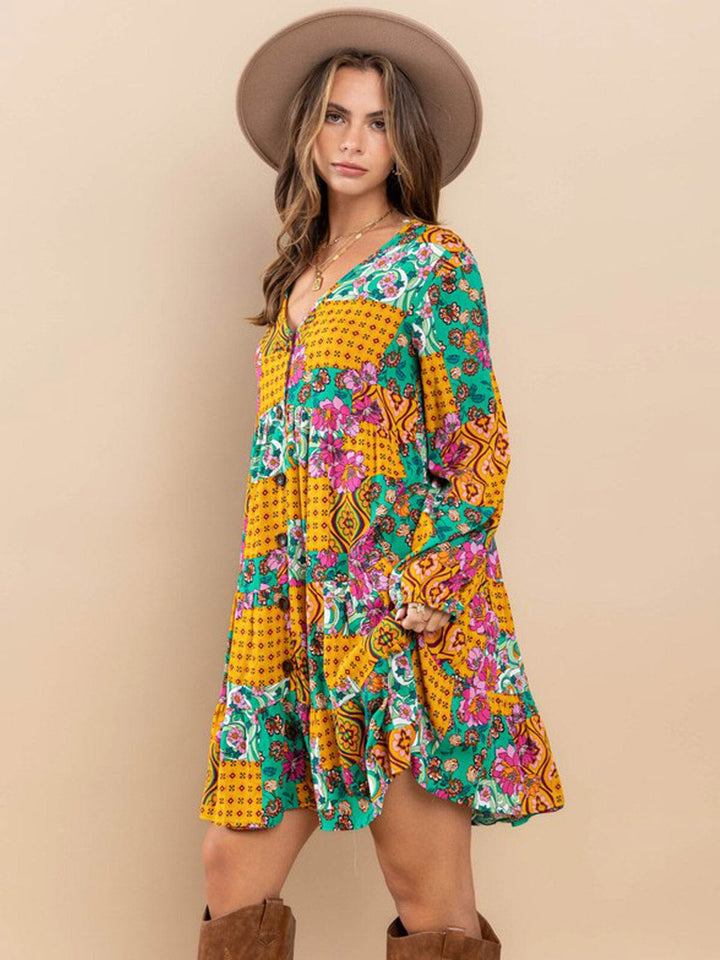 WOMEN'S LONG SLEEVE BUTTON UP V-NECK POCKETS MULTI PRINT MINI DRESS