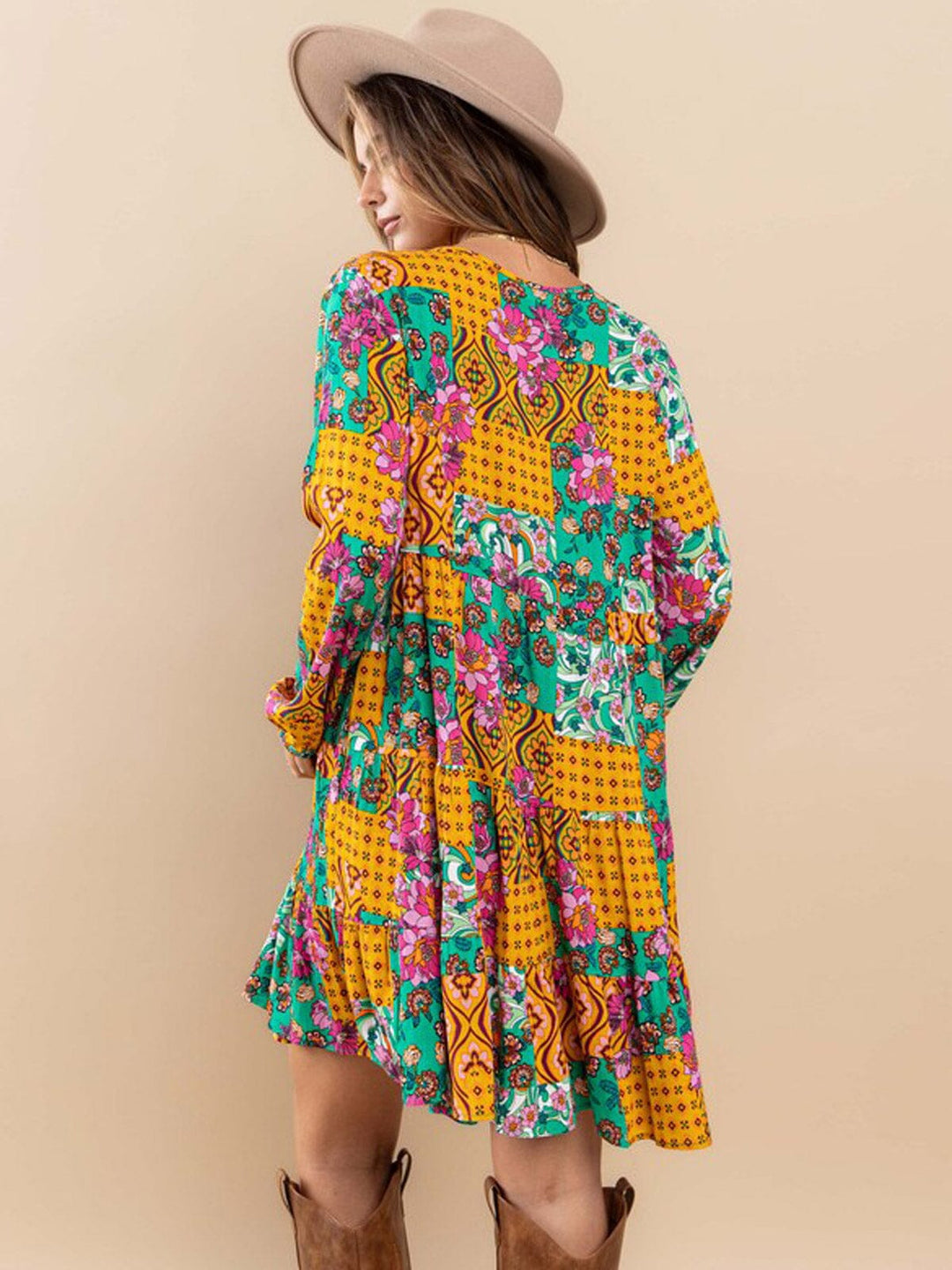 WOMEN'S LONG SLEEVE BUTTON UP V-NECK POCKETS MULTI PRINT MINI DRESS